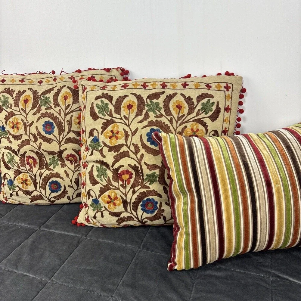 Pier 1 Embroidered Boho Pillows 2 Throw & 1 Lumbar Floral Stripe Earthy Neutrals